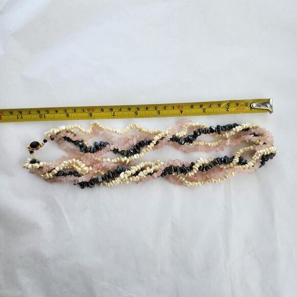 Pearl Rose Quartz Pink Hematite Necklace Choker beaded 14K Yellow Gold Filled - Picture 5 of 6